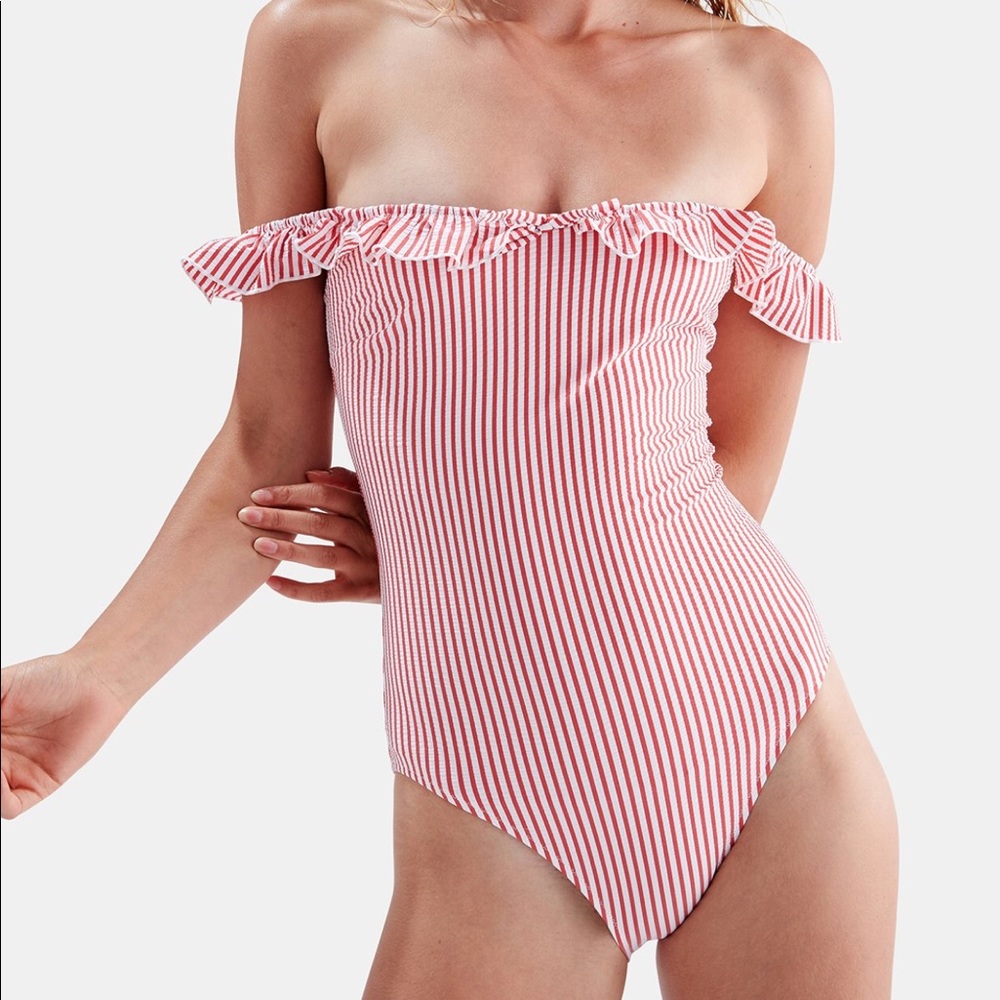 Solid and Striped red seersucker one piece